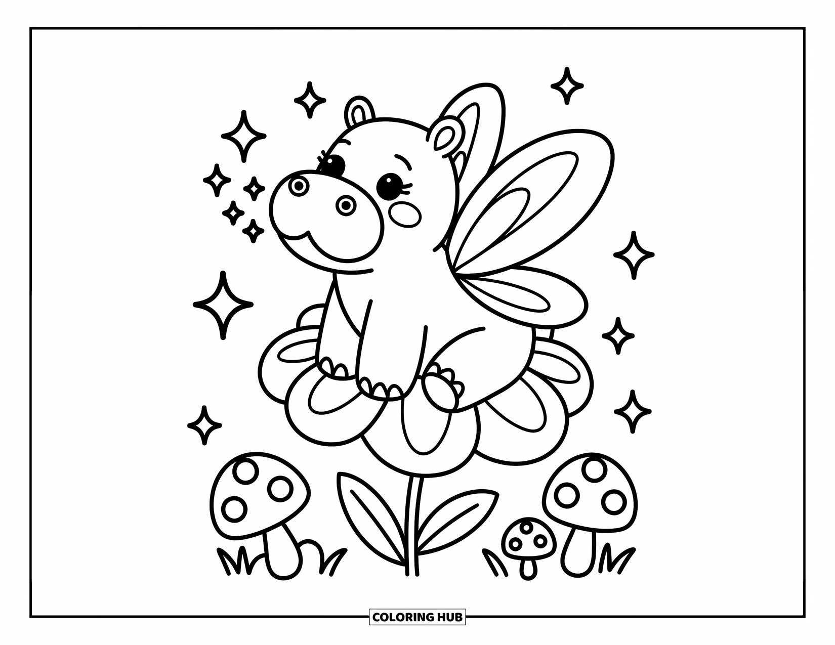 Disegno di ippopotamo da colorare per adulti: Un ippopotamo con ali di fata siede su un fiore, soffiando scintille in un cielo stellato
