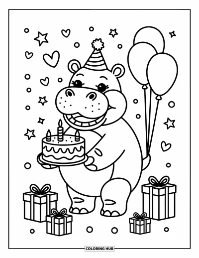 Coloriage d'hippopotame pour adultes : Un hippopotame festif tient un gâteau avec des ballons et des confettis d'étoiles flottant tout autour