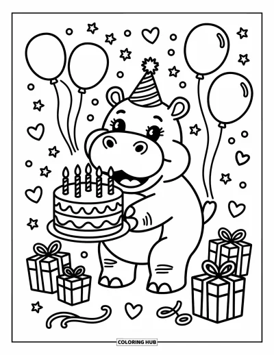 Coloriage d'hippopotame pour adultes : Un hippopotame heureux célèbre avec un gâteau, des ballons et de minuscules confettis en forme de cœur