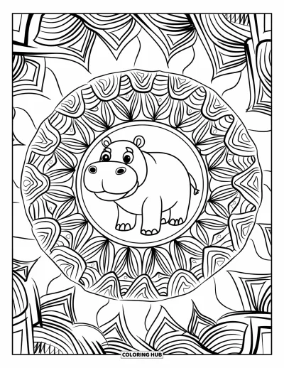 Coloriage d'hippopotame pour adultes : Un hippopotame joyeux est assis au centre d'un motif radial orné de formes
