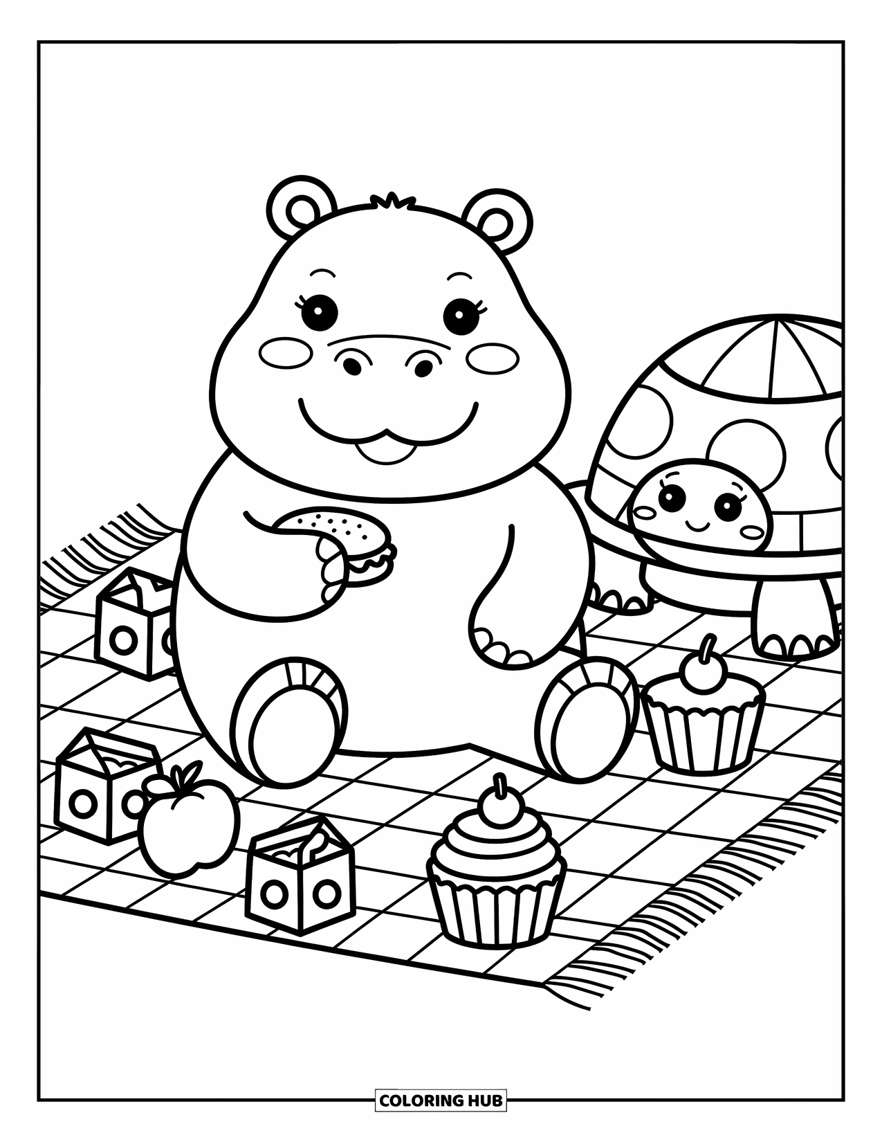 Disegno di ippopotamo da colorare per adulti: Un ippopotamo felice fa uno spuntino a un picnic con una tartaruga sorridente e piccole prelibatezze