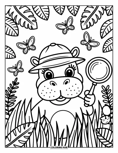 Coloriage d'hippopotame pour adultes : Un hippopotame explorateur jette un coup d'œil à travers l'herbe tandis que des papillons et des créatures volettent à proximité