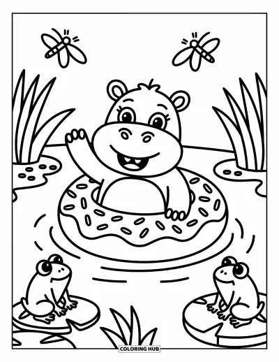 Coloriage d'hippopotame pour adultes : Un hippopotame flotte dans une bouée en forme de beignet tandis que des grenouilles et des libellules jouent à proximité