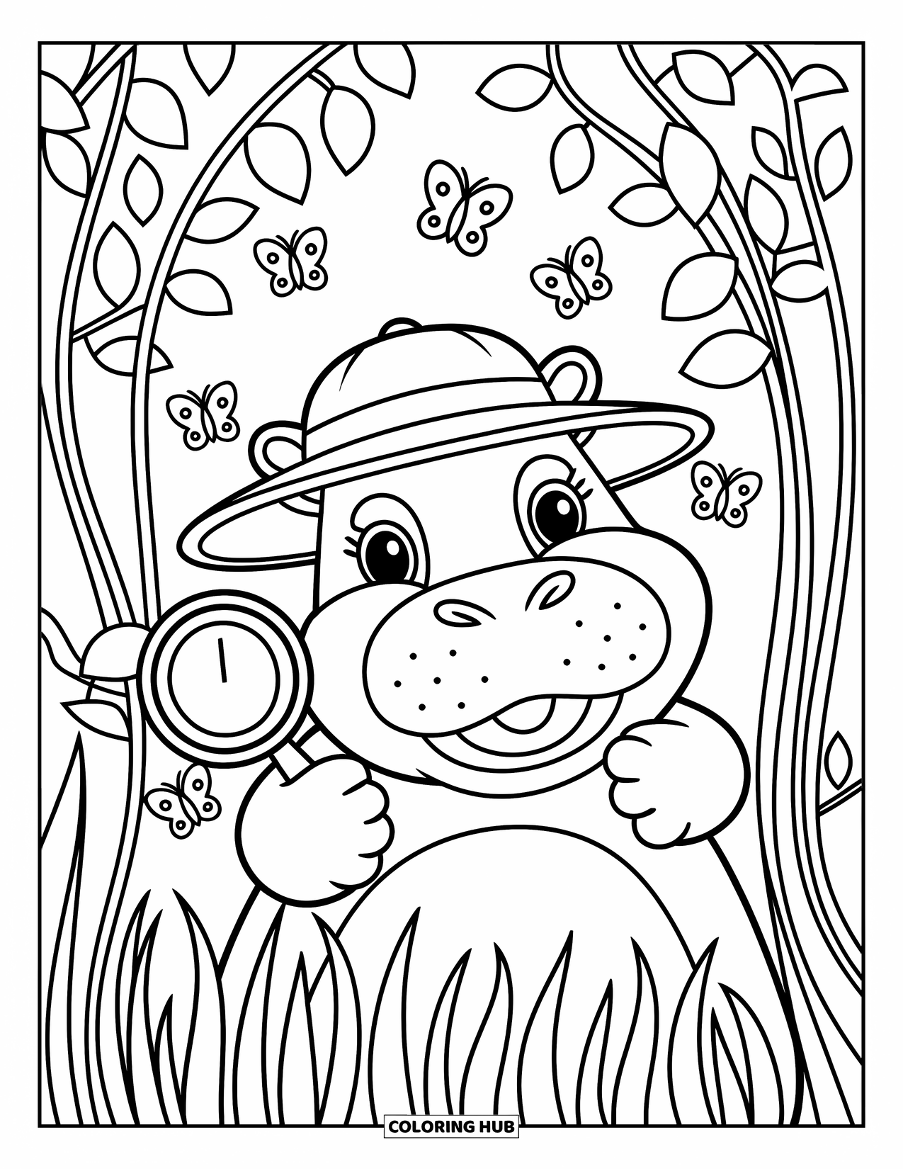Disegno di ippopotamo da colorare per adulti: Un ippopotamo con un cappello da safari sbircia dall'erba alta con una lente d'ingrandimento