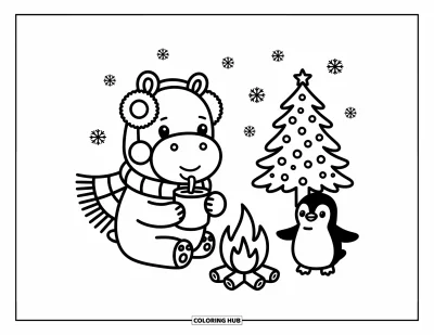 Coloriage d'hippopotame pour adultes : Un hippopotame avec des cache-oreilles sirote du cacao près d'un feu de camp avec un pingouin et un arbre enneigé