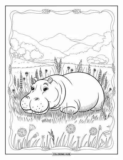 Coloriage d'hippopotame pour adultes : Un hippopotame est allongé dans une prairie d'herbes hautes et de fleurs sauvages avec des motifs doux