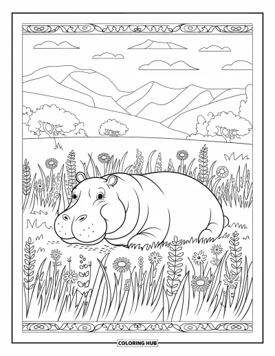 Coloriage d'hippopotame pour adultes : Un hippopotame fait la sieste dans une prairie fleurie avec des motifs, des arbres et un ciel clair