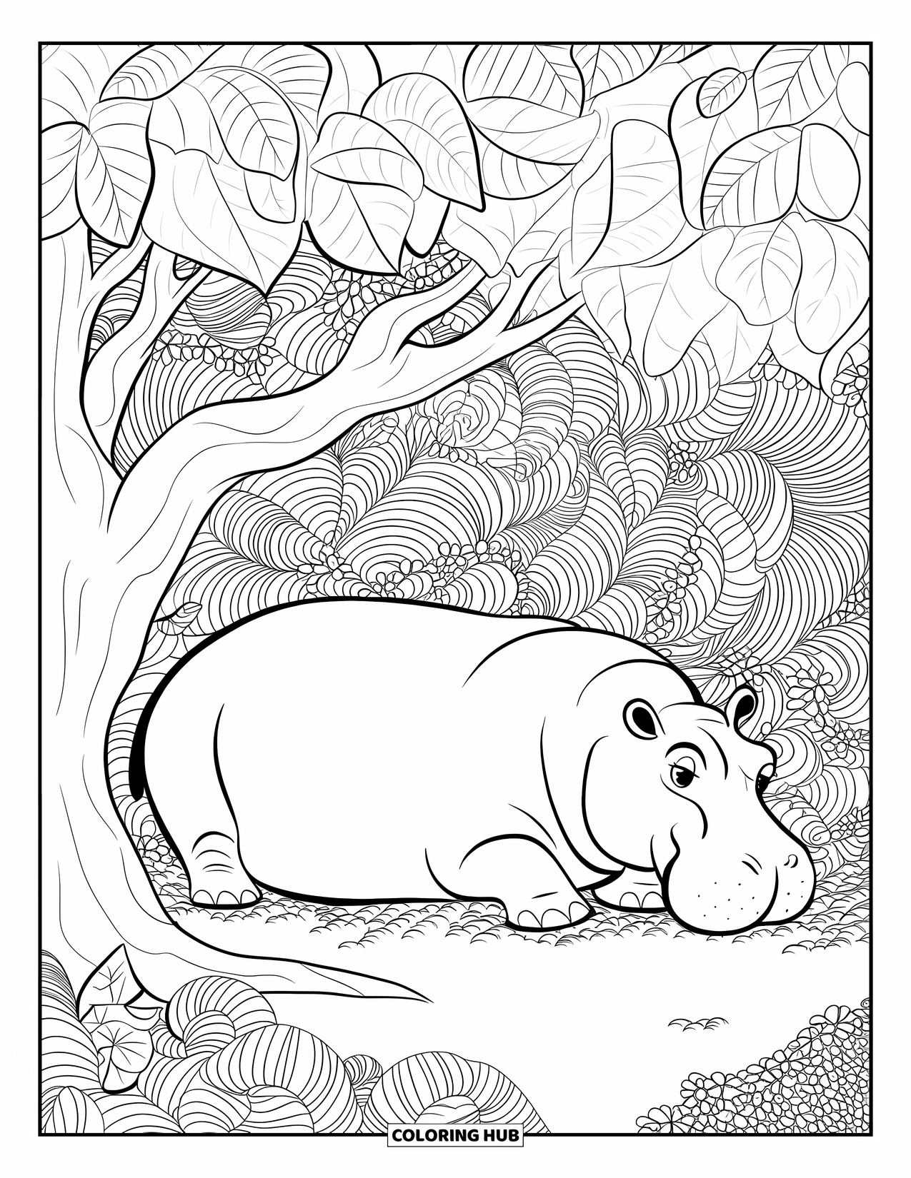 Disegno di ippopotamo da colorare per adulti: Un ippopotamo sonnecchia sotto un albero circondato da foglie delicate e viticci vorticosi