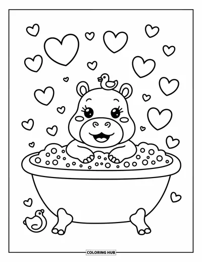 Coloriage d'hippopotame pour adultes : Un hippopotame se détend dans une baignoire à bulles avec un canard sur la tête et des jouets flottants