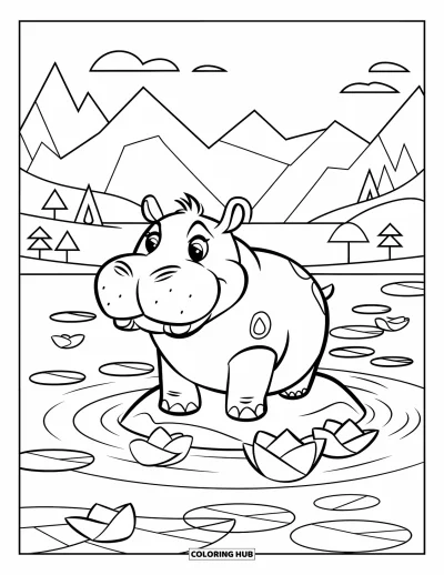 Coloriage d'hippopotame pour adultes : Un hippopotame se détend sur un rocher avec des pétales flottants et des arbres en arrière-plan