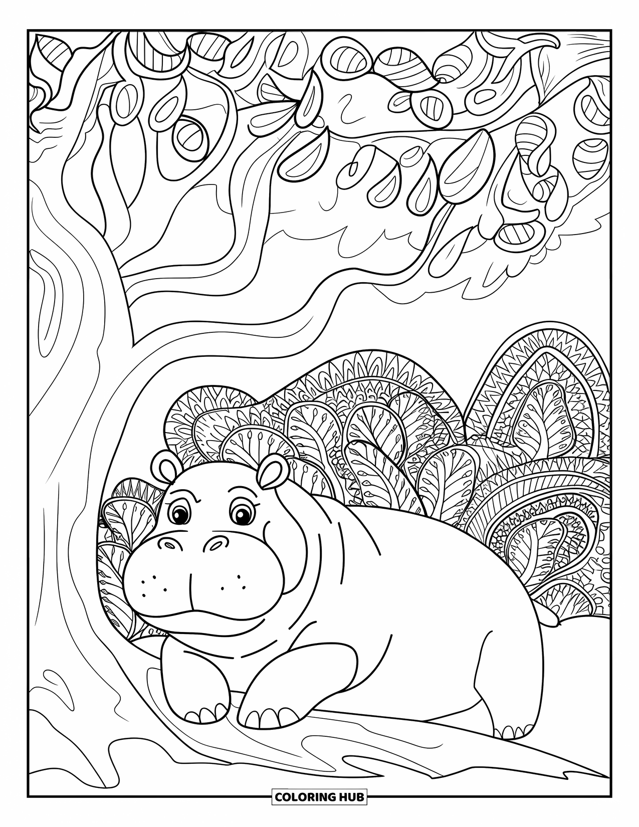 Disegno di ippopotamo da colorare per adulti: Un ippopotamo si rilassa sotto un albero pieno di intricate foglie vorticose