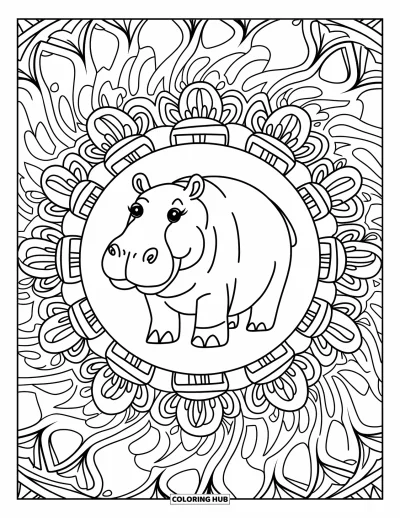 Coloriage d'hippopotame pour adultes : Un hippopotame se repose calmement à l'intérieur d'un cercle de formes zentangle répétitives complexes