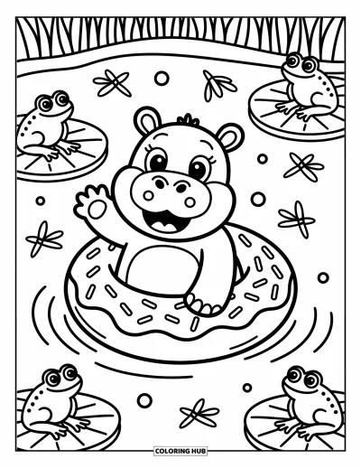 Coloriage d'hippopotame pour adultes : Un hippopotame monte sur une bouée en forme de beignet tandis que des grenouilles et des libellules se détendent sur des nénuphars