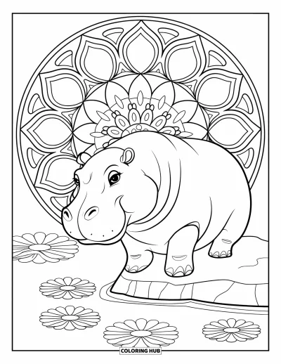 Coloriage d'hippopotame pour adultes : Un hippopotame est assis près de l'eau entouré de mandalas, de fleurs et de formes douces