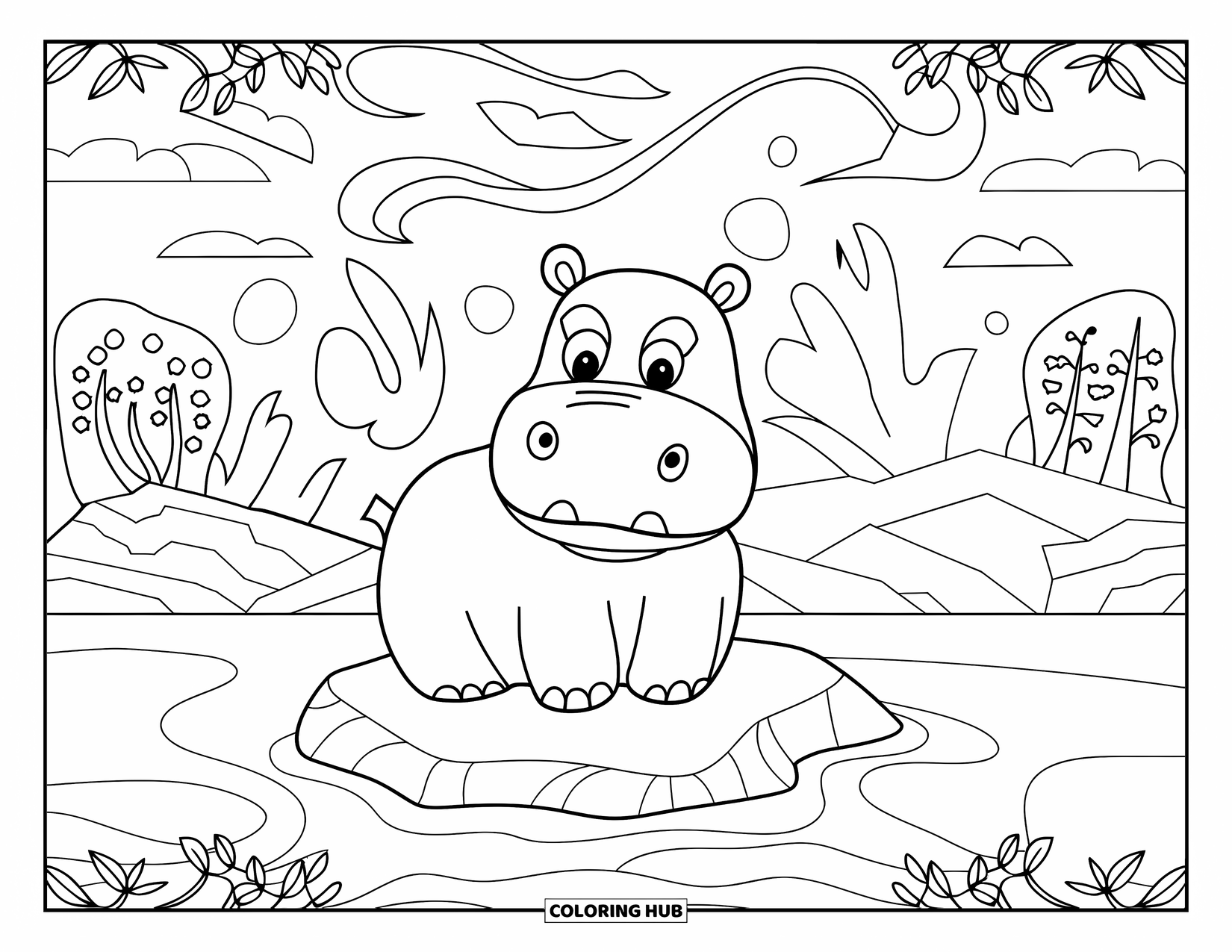 Disegno di ippopotamo da colorare per adulti: Un ippopotamo siede su una roccia, circondato da fiori, forme e una vista pacifica sulle montagne