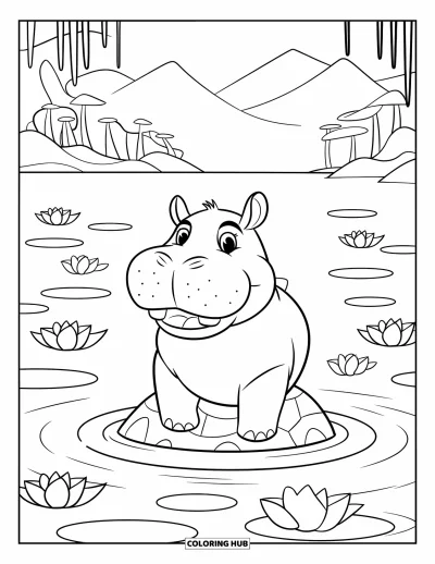 Coloriage d'hippopotame pour adultes : Un hippopotame est assis sur un rocher, entouré de pétales de lotus et de vagues calmes du lac