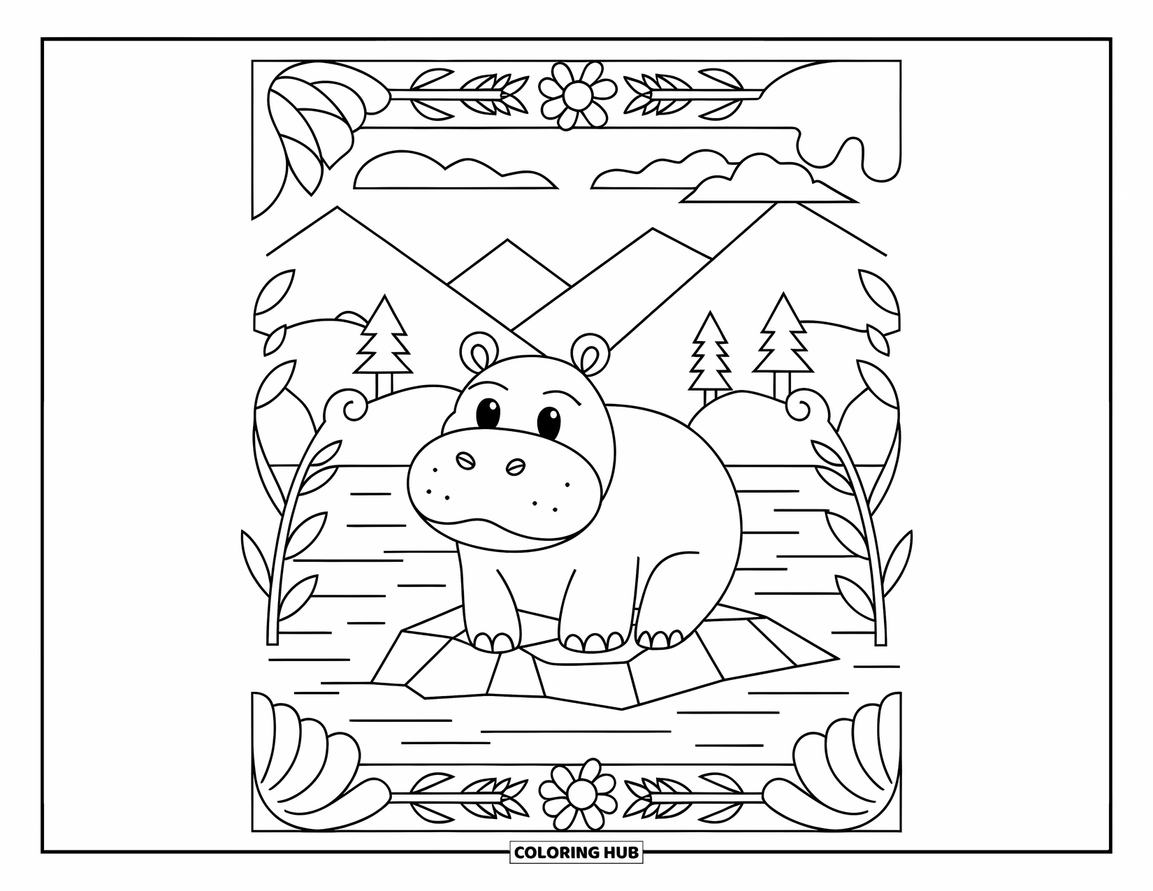 Disegno di ippopotamo da colorare per adulti: Un ippopotamo siede pacificamente nell'acqua con alberi, montagne e una cornice floreale