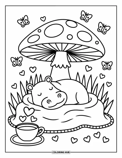 Coloriage d'hippopotame pour adultes : Un hippopotame bordé dans une couverture dort sous un champignon avec des papillons et du thé