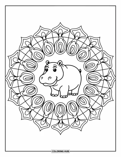 Coloriage d'hippopotame pour adultes : Un hippopotame avec de grands yeux est entouré de formes et de lignes zentangle tourbillonnantes