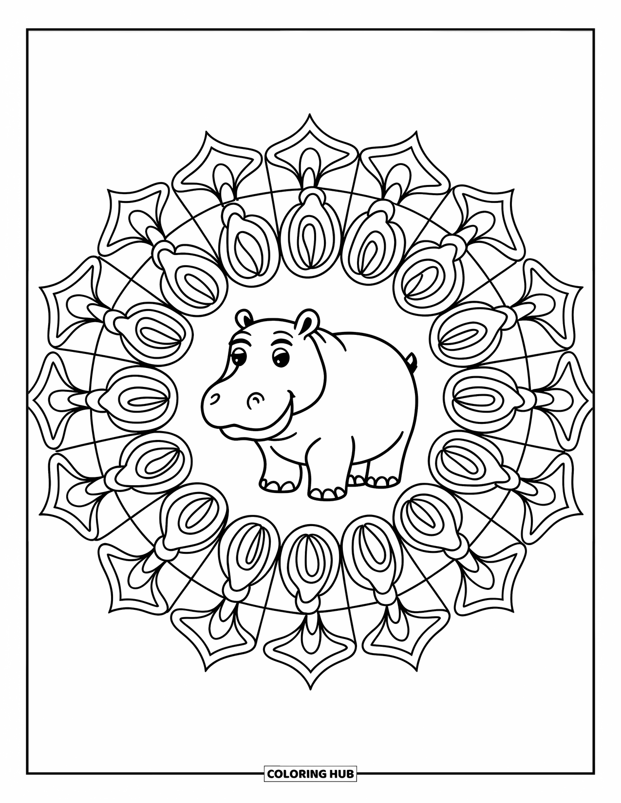 Disegno di ippopotamo da colorare per adulti: Un ippopotamo con grandi occhi è circondato da forme e linee zentangle vorticose