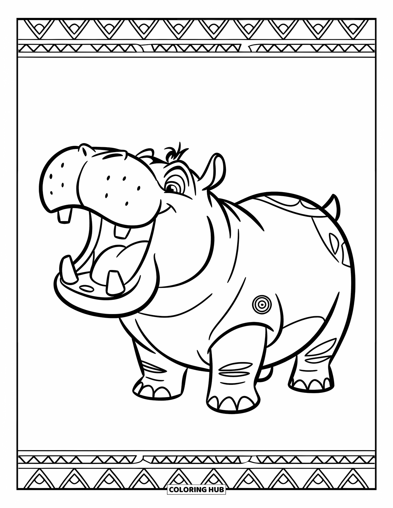 Disegno di ippopotamo da colorare per adulti: Un ippopotamo maestoso si erge orgogliosamente tra disegni tribali e bordi audaci