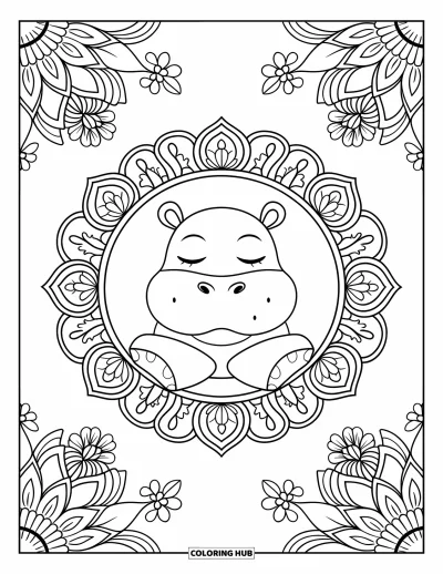 Coloriage d'hippopotame pour adultes : Un hippopotame en méditation est assis les yeux fermés dans un cercle de mandala floral
