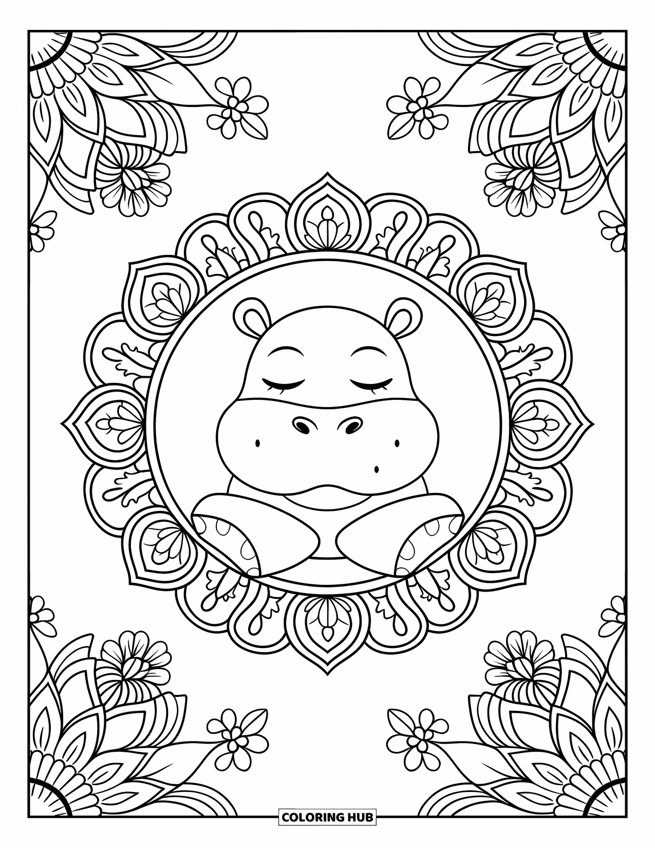 Disegno di ippopotamo da colorare per adulti: Un ippopotamo che medita siede con gli occhi chiusi in un cerchio di mandala floreale