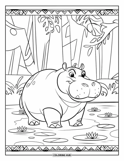 Coloriage d'hippopotame pour adultes : Un hippopotame noble est assis calmement avec des nénuphars et des motifs tribaux décoratifs