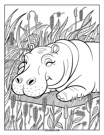 Coloriage d'hippopotame pour adultes : Un hippopotame paisible est allongé dans un champ d'herbe et de fleurs avec des détails artistiques