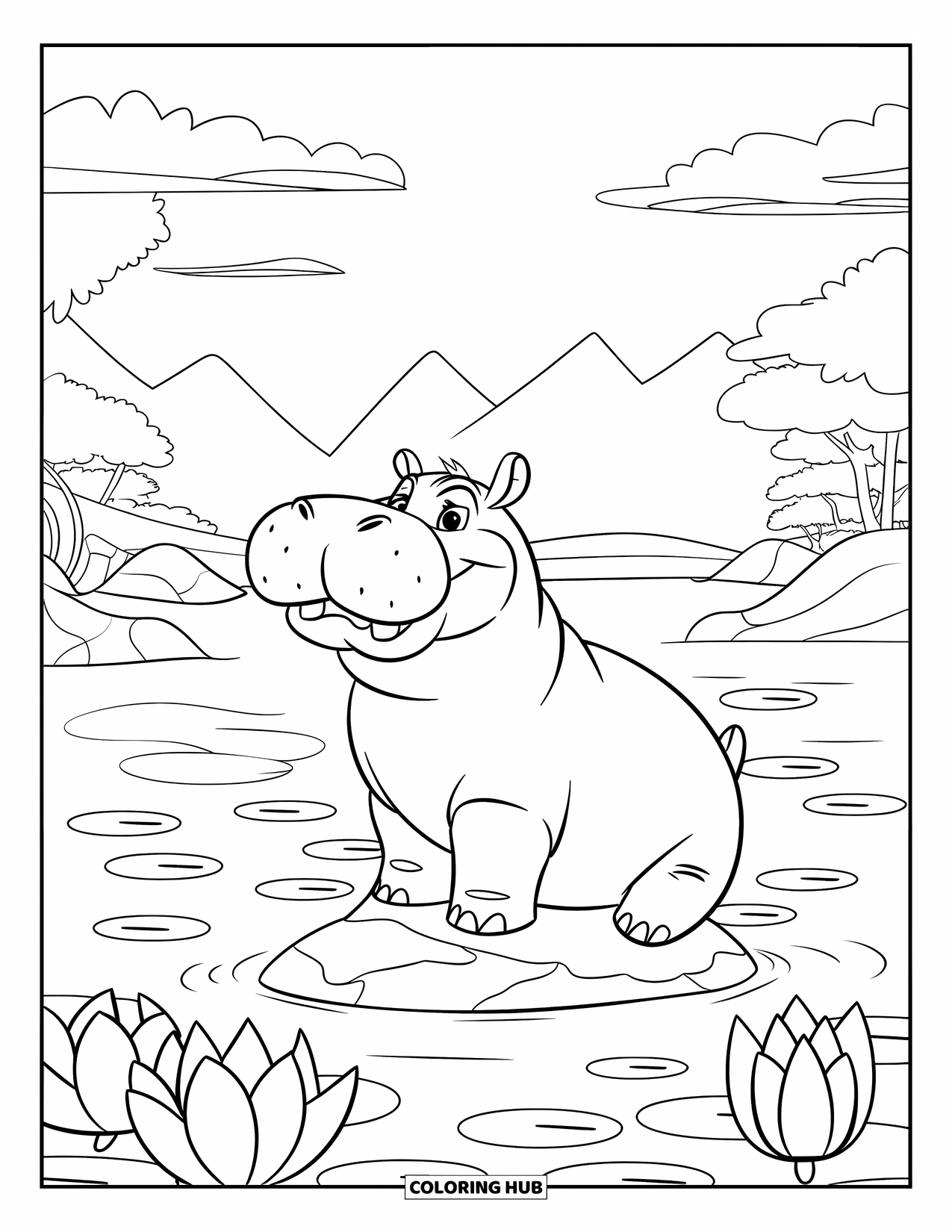 Disegno di ippopotamo da colorare per adulti: Un ippopotamo pacifico riposa in un lago con petali di loto e un dolce paesaggio montano