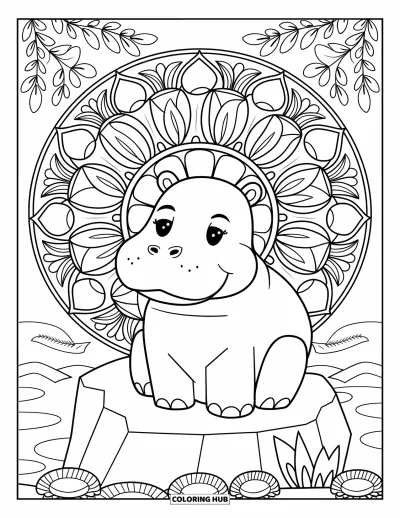 Coloriage d'hippopotame pour adultes : Un hippopotame paisible est assis sur un rocher encadré par un motif de mandala floral