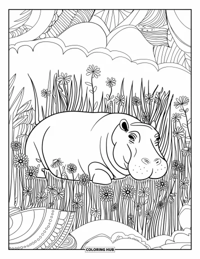 Coloriage d'hippopotame pour adultes : Un hippopotame détendu se repose dans des fleurs sauvages entouré de motifs et de bordures apaisants