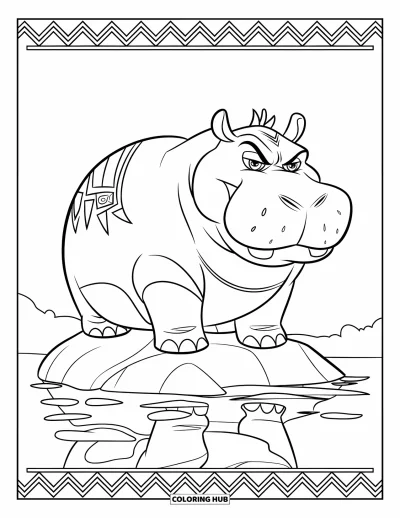 Coloriage d'hippopotame pour adultes : Un hippopotame sérieux se repose sur un rocher au bord d'un lac paisible avec des motifs tribaux
