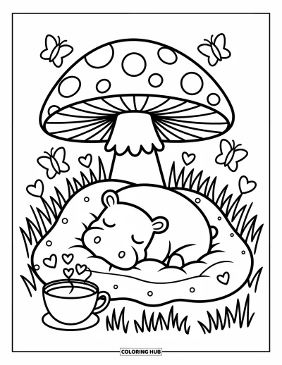 Coloriage d'hippopotame pour adultes : Un hippopotame endormi fait la sieste sous une couverture de champignons avec des papillons et une boisson chaude