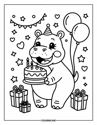 Coloriage d'hippopotame pour adultes : Un hippopotame souriant déguste un gâteau avec des ballons, des cadeaux et des cœurs et des étoiles flottants