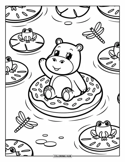 Coloriage d'hippopotame pour adultes : Un hippopotame souriant flotte dans un étang tandis que des grenouilles sont assises sur des nénuphars à proximité