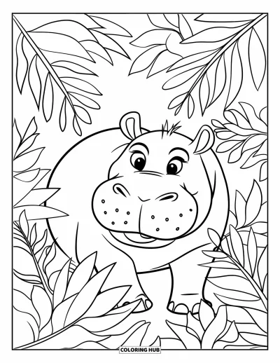 Coloriage d'hippopotame pour adultes : Un hippopotame souriant jette un coup d'œil aux feuilles de la jungle et aux motifs répétitifs feuillus