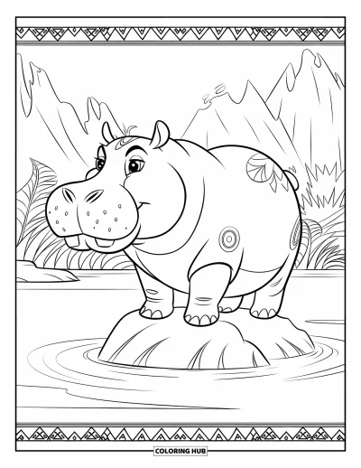 Coloriage d'hippopotame pour adultes : Un hippopotame fort se dresse sur un rocher, encadré par des motifs tribaux et des montagnes