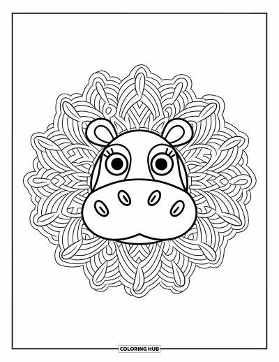 Coloriage d'hippopotame pour adultes : Un hippopotame stylisé est assis au centre d'un motif zentangle détaillé