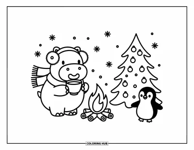 Coloriage d'hippopotame pour adultes : Un hippopotame chaleureux avec une écharpe sirote du cacao près d'un feu avec des flocons de neige et un pingouin