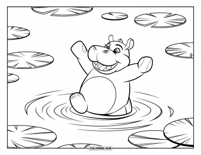 Coloriage d'hippopotame pour enfants : Un hippopotame ballerine danse dans l'eau entouré de nénuphars et de douces ondulations