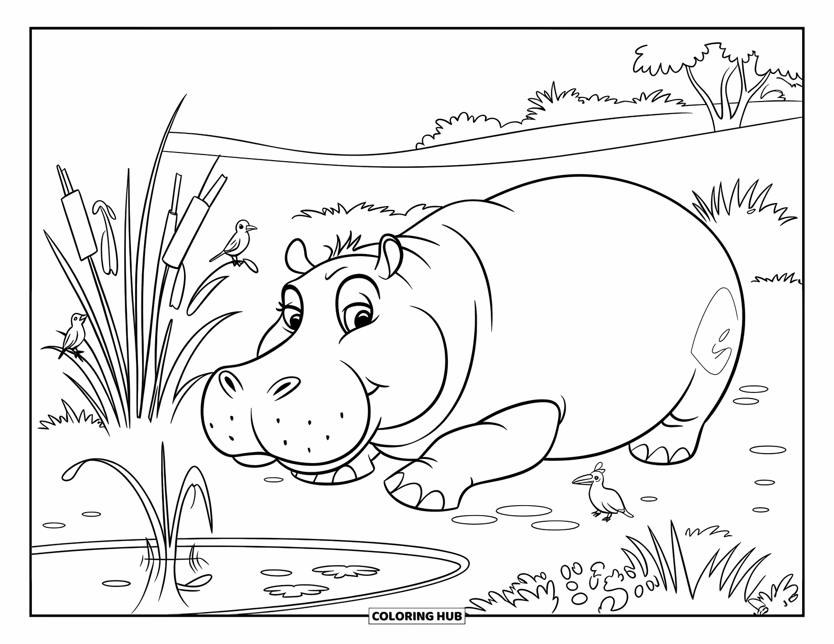 Disegno di ippopotamo da colorare per bambini: Un ippopotamo calmo riposa vicino all'acqua con uccelli sulle canne e una tranquilla vista sulla collina