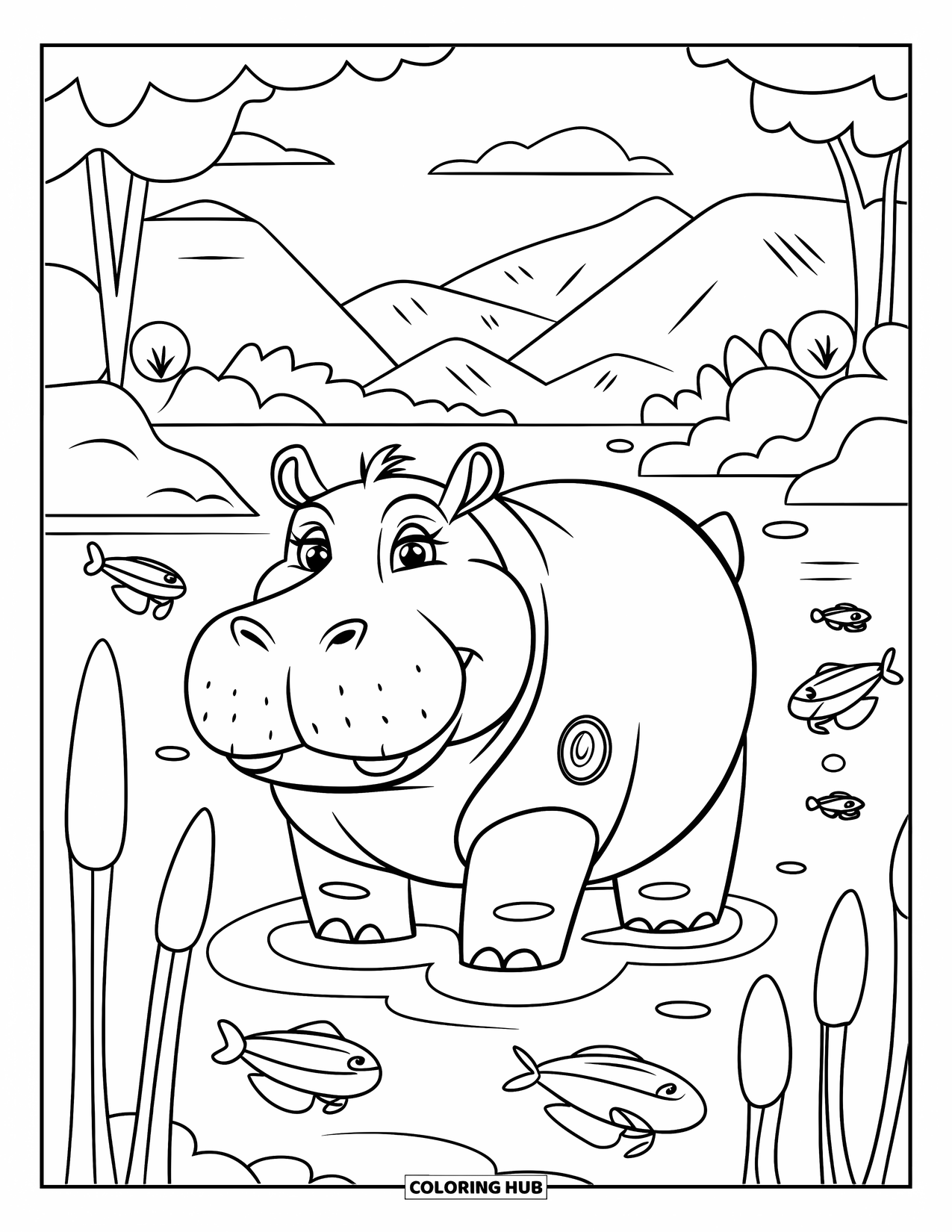 Disegno di ippopotamo da colorare per bambini: Un ippopotamo calmo si trova nel fiume con canne luminose e vista sulle montagne