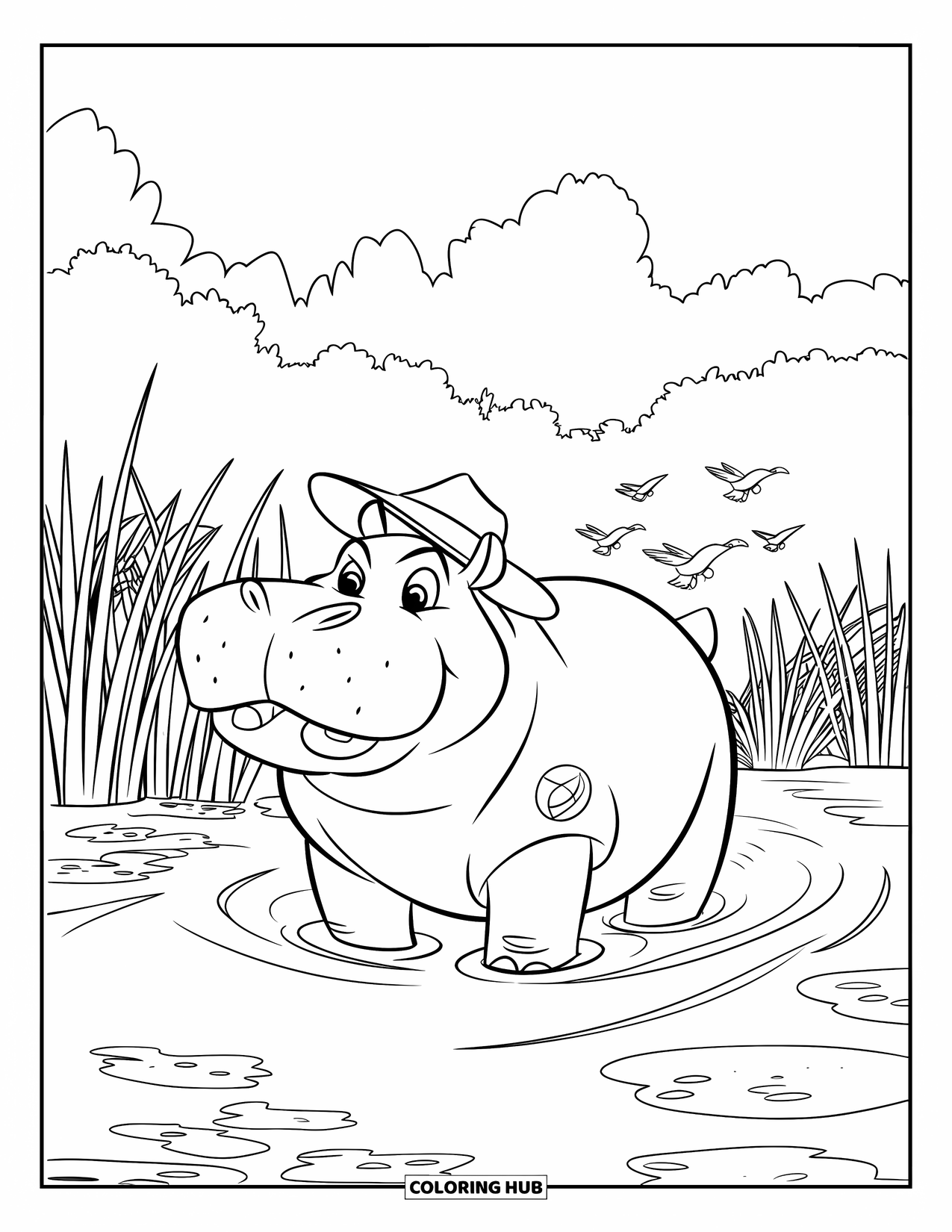 Disegno di ippopotamo da colorare per bambini: Un ippopotamo allegro con un cappello guada l'acqua con uccelli che volano nel cielo