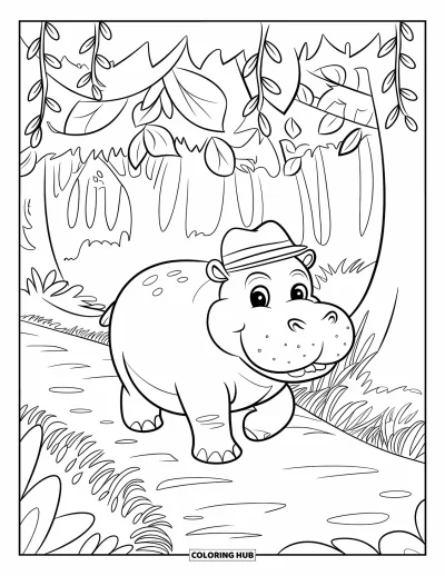 Coloriage d'hippopotame pour enfants : Un hippopotame joyeux avec un chapeau marche le long d'un sentier de jungle feuillu