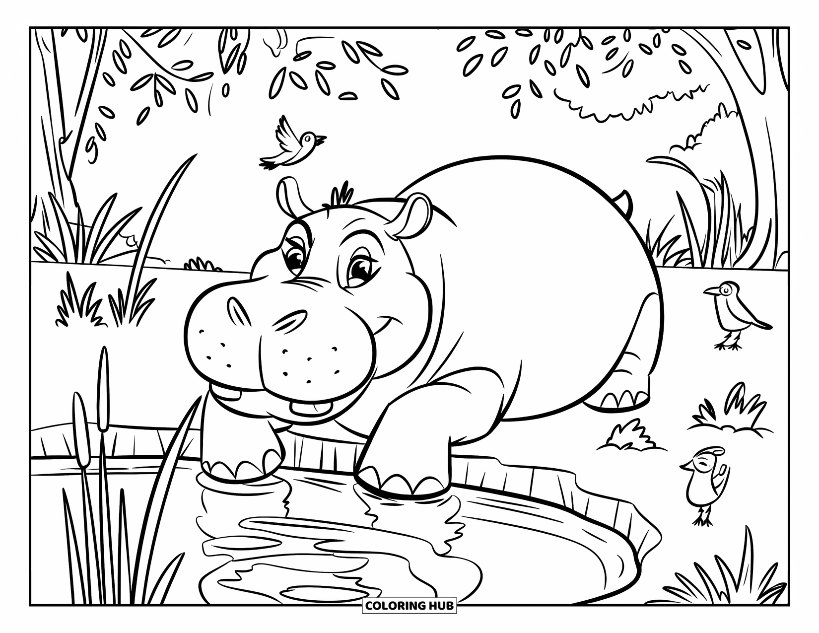 Disegno di ippopotamo da colorare per bambini: Un ippopotamo allegro si rilassa vicino all'acqua mentre uccelli e animali si radunano intorno