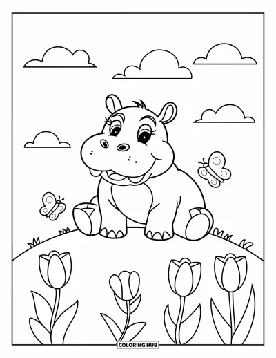 Coloriage d'hippopotame pour enfants : Un hippopotame satisfait se repose sur une colline avec des tulipes et des papillons volant à proximité