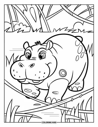 Coloriage d'hippopotames pour enfants : Un hippo curieux explore la jungle à travers de hautes herbes et des lianes sinueuses