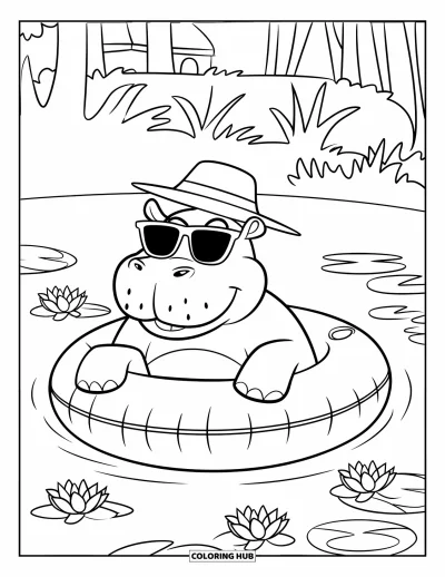Coloriage d'hippopotame pour enfants : Un hippopotame heureux flotte sur une bouée portant des lunettes de soleil et un chapeau de paille