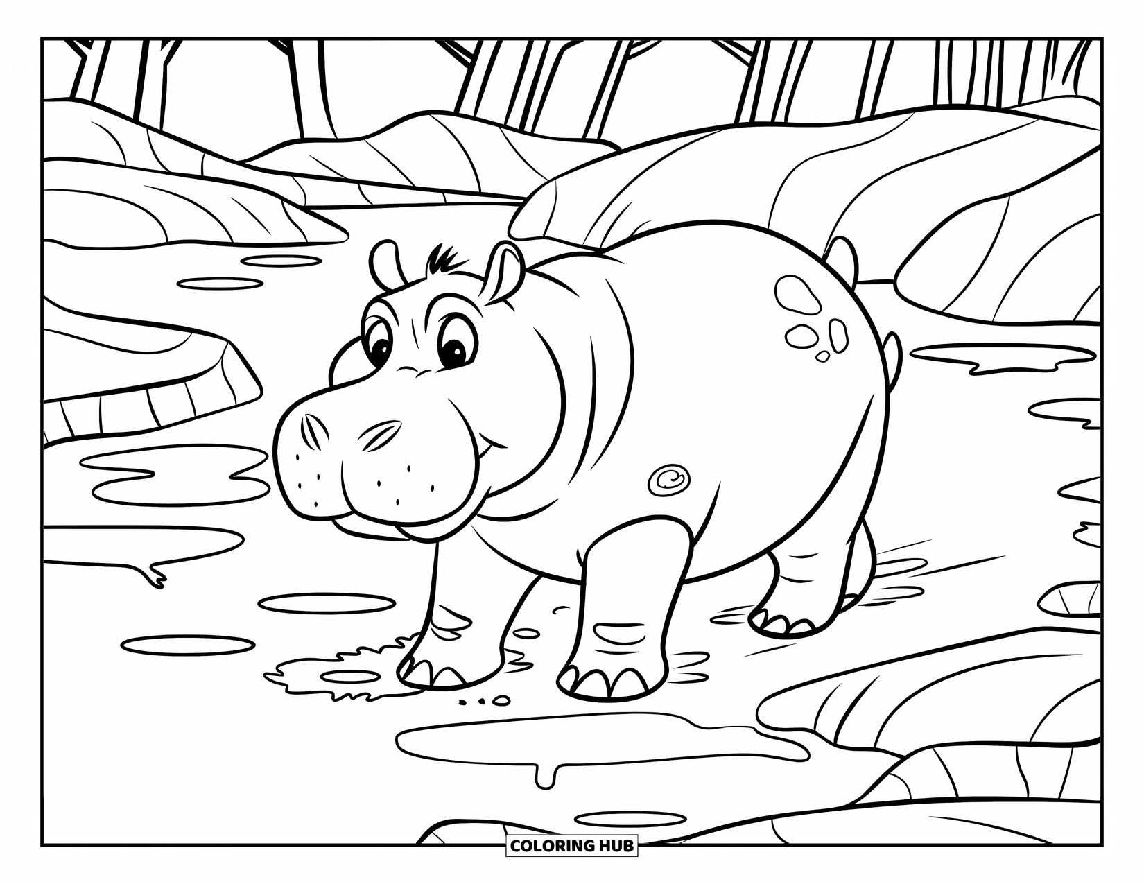 Disegno di ippopotamo da colorare per bambini: Un ippopotamo felice cammina attraverso un terreno fangoso con pozzanghere e alberi intorno